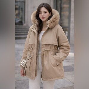 NWT Women’s Tan Faux Fur Hooded Parka Coat | Size Large | Warm Winter Jacket